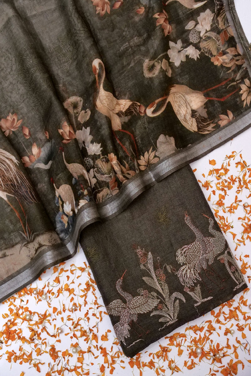 BANARASI LINEN COTTON SILK DARK GREY COLOR UNSTICHED SUIT