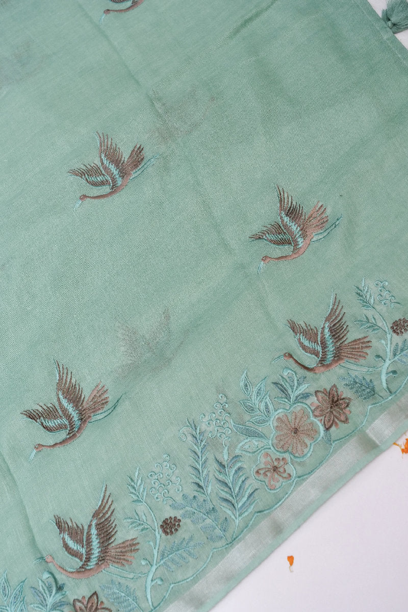 BANARASI LINEN COTTON SILK PISTA GREEN COLOR UNSTICHED SUIT