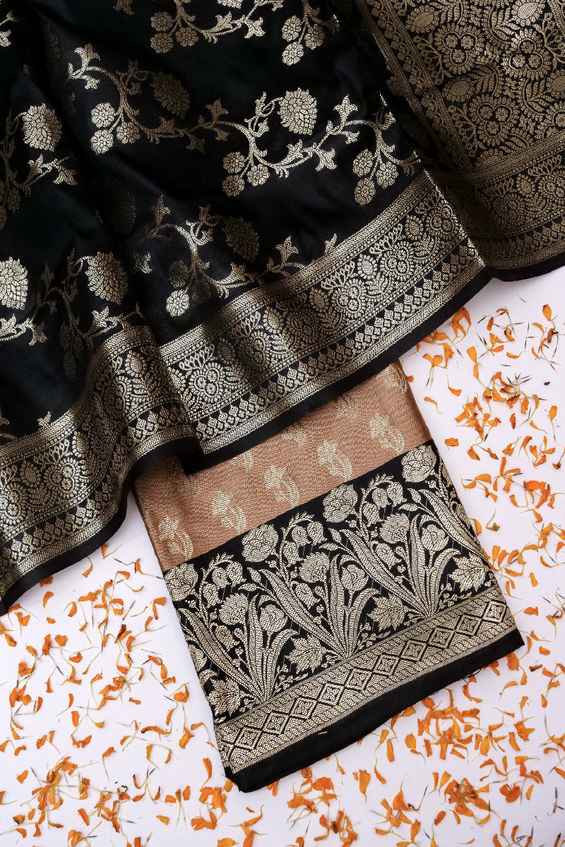 BANARASI TAFFETA SILK PASTEL BROWN WITH BLACK COLOR UNSTICHED SUIT