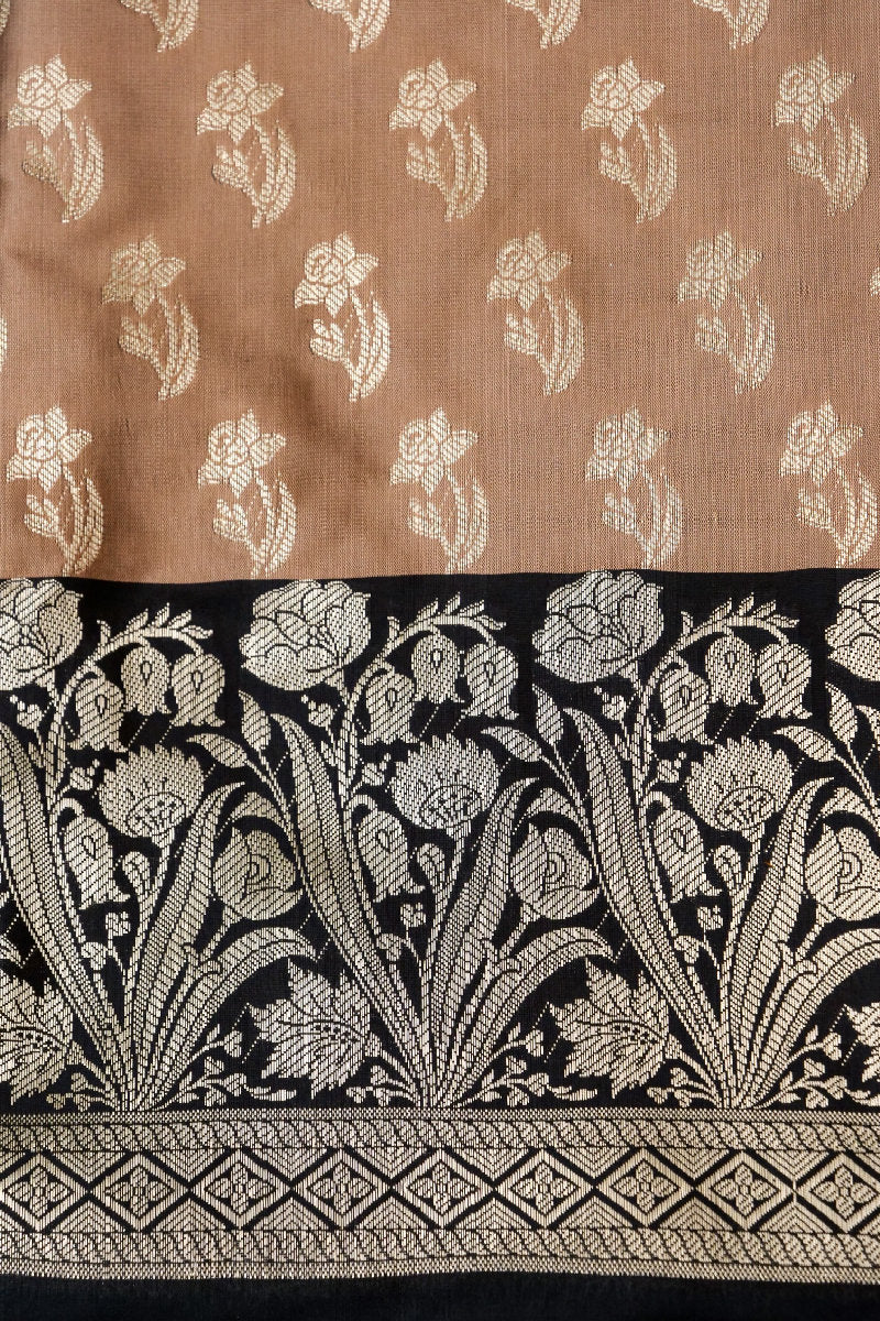 BANARASI TAFFETA SILK PASTEL BROWN WITH BLACK COLOR UNSTICHED SUIT