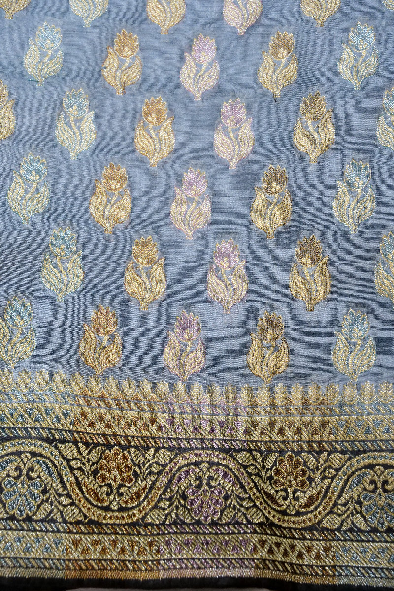 BANARASI BUTTER SILK GREY BODY WITH BLACK BORDER COLOR UNSTITCHED SUIT