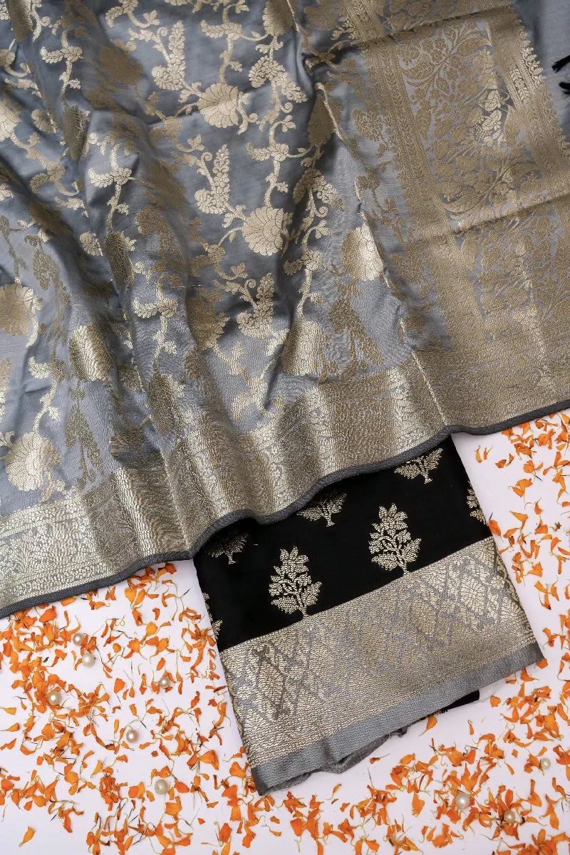 BANARASI TAFFETA SILK BLACK WITH GREY BORDER COLOR UNSTICHED SUIT