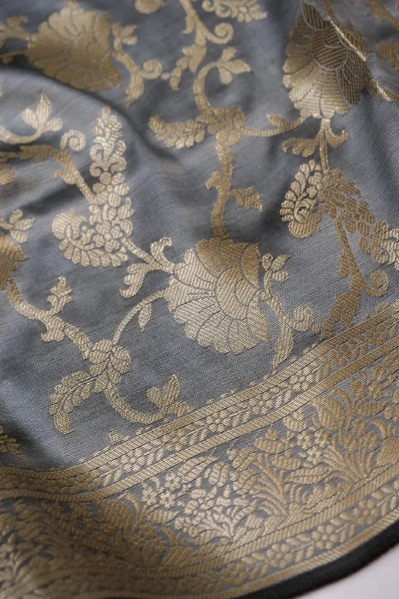 BANARASI TAFFETA SILK BLACK WITH GREY BORDER COLOR UNSTICHED SUIT