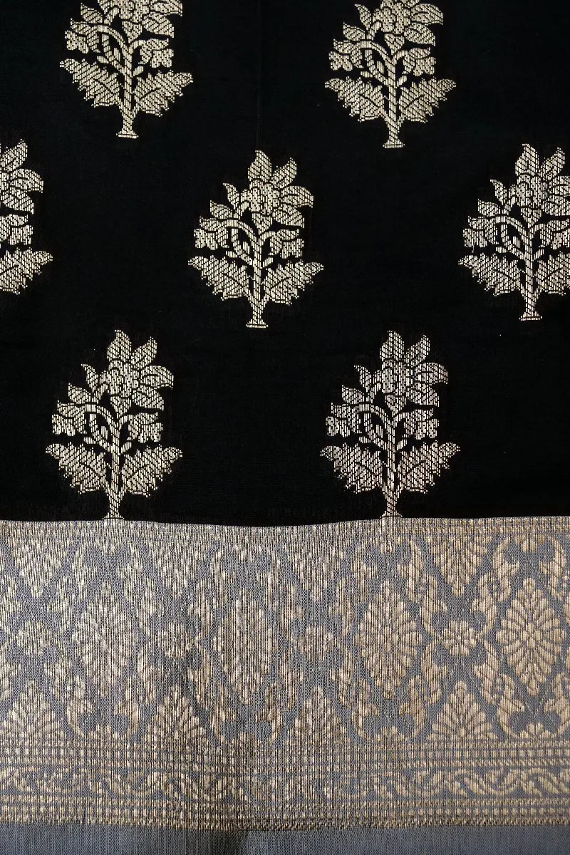 BANARASI TAFFETA SILK BLACK WITH GREY BORDER COLOR UNSTICHED SUIT