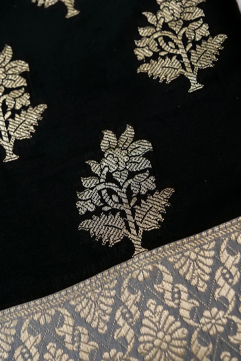 BANARASI TAFFETA SILK BLACK WITH GREY BORDER COLOR UNSTICHED SUIT