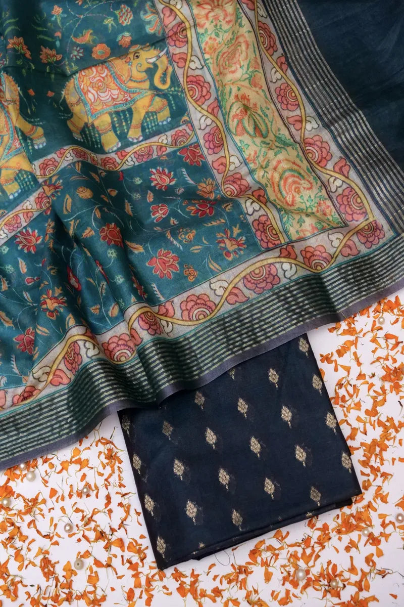 BANARASI COTTON SILK NAVY BLUE COLOR BORDER UNSTICHED SUIT
