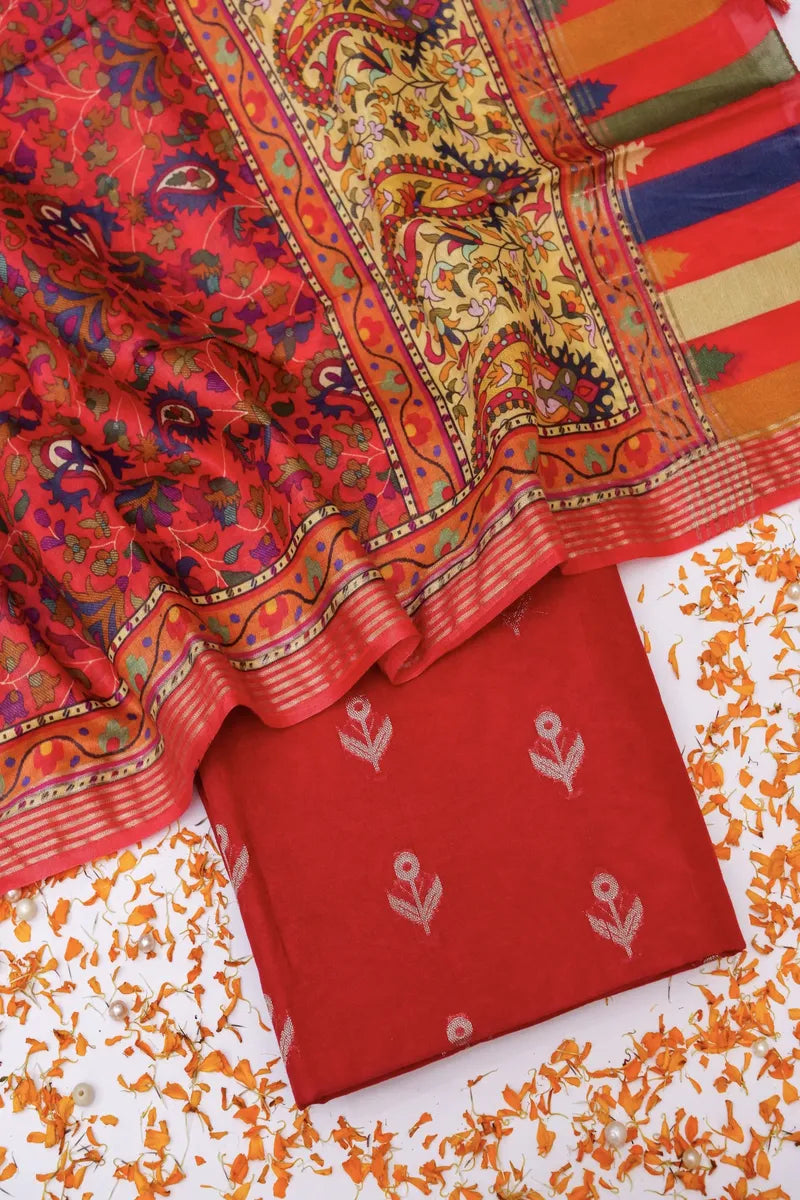 BANARASI COTTON SILK RED COLOR UNSTITCHED SUIT