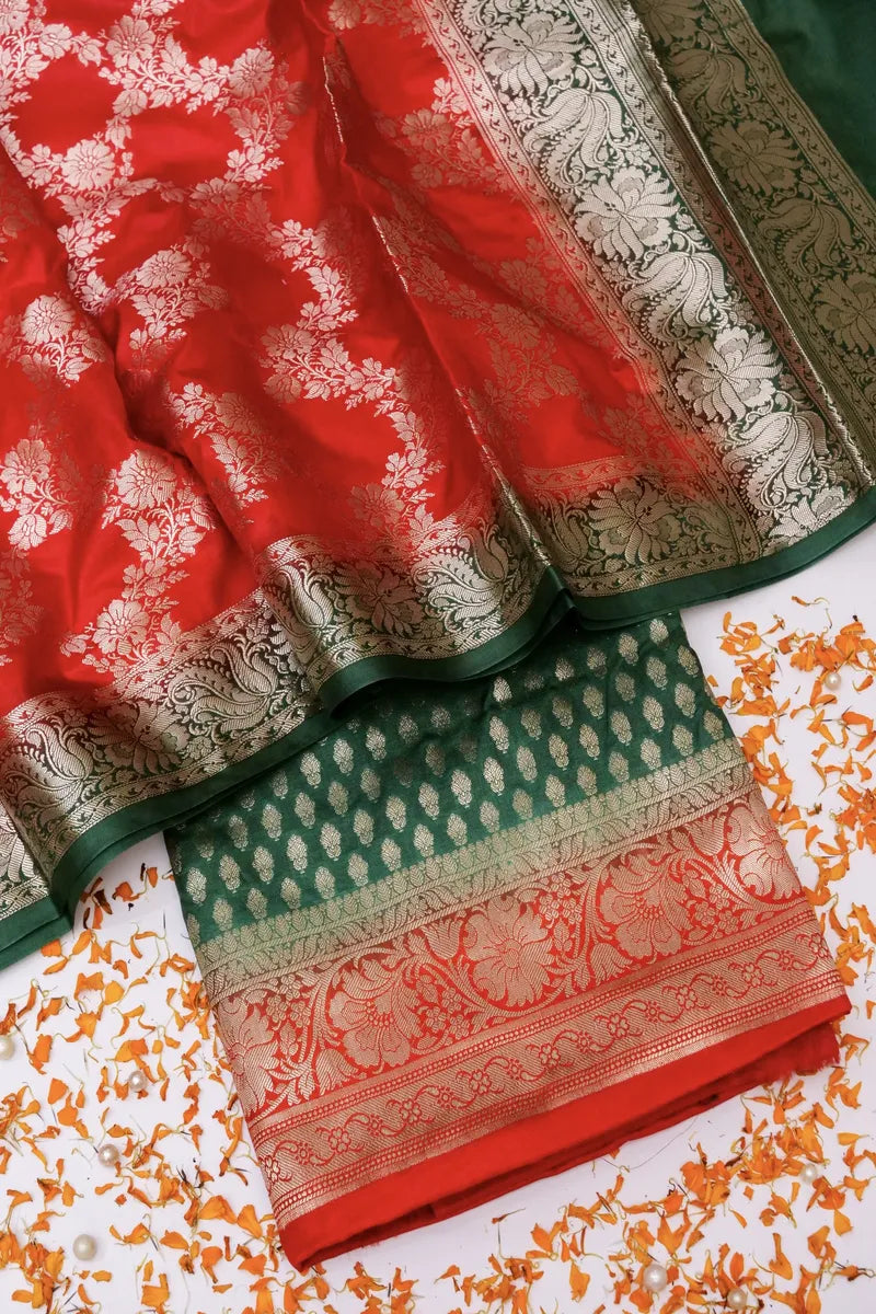 BANARASI SILK BOTTLE GREEN COLOR UNSTITCHED SUIT