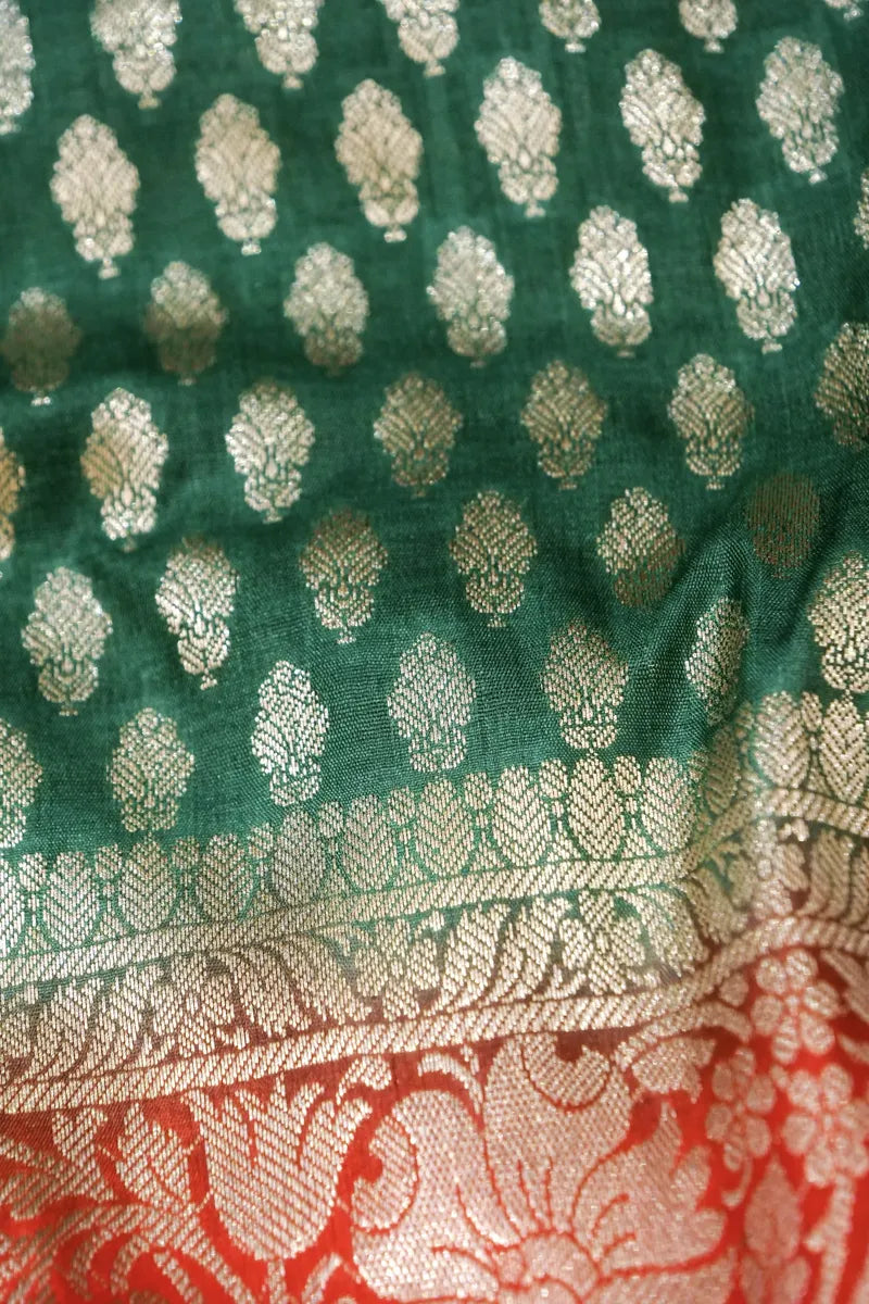 BANARASI SILK BOTTLE GREEN COLOR UNSTITCHED SUIT