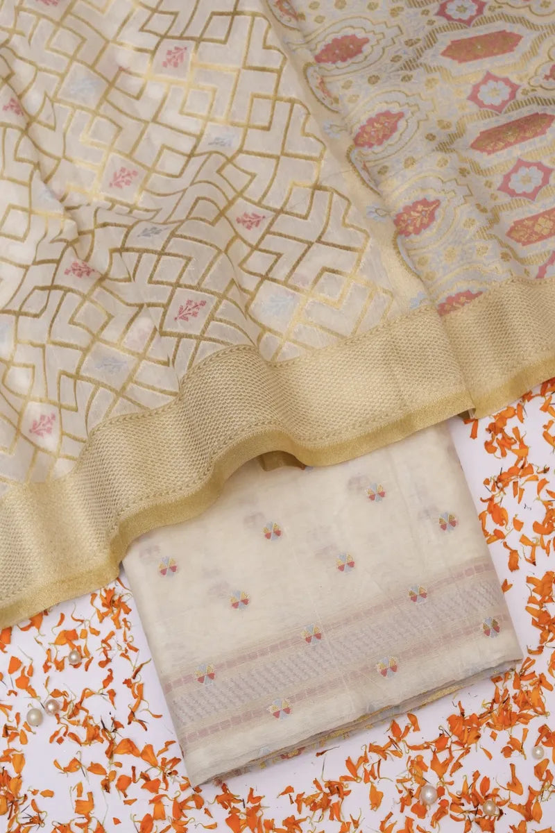 PURE BANARASI CHANDERI SILK OFF WHITE COLOR UNSTITCHED SUIT