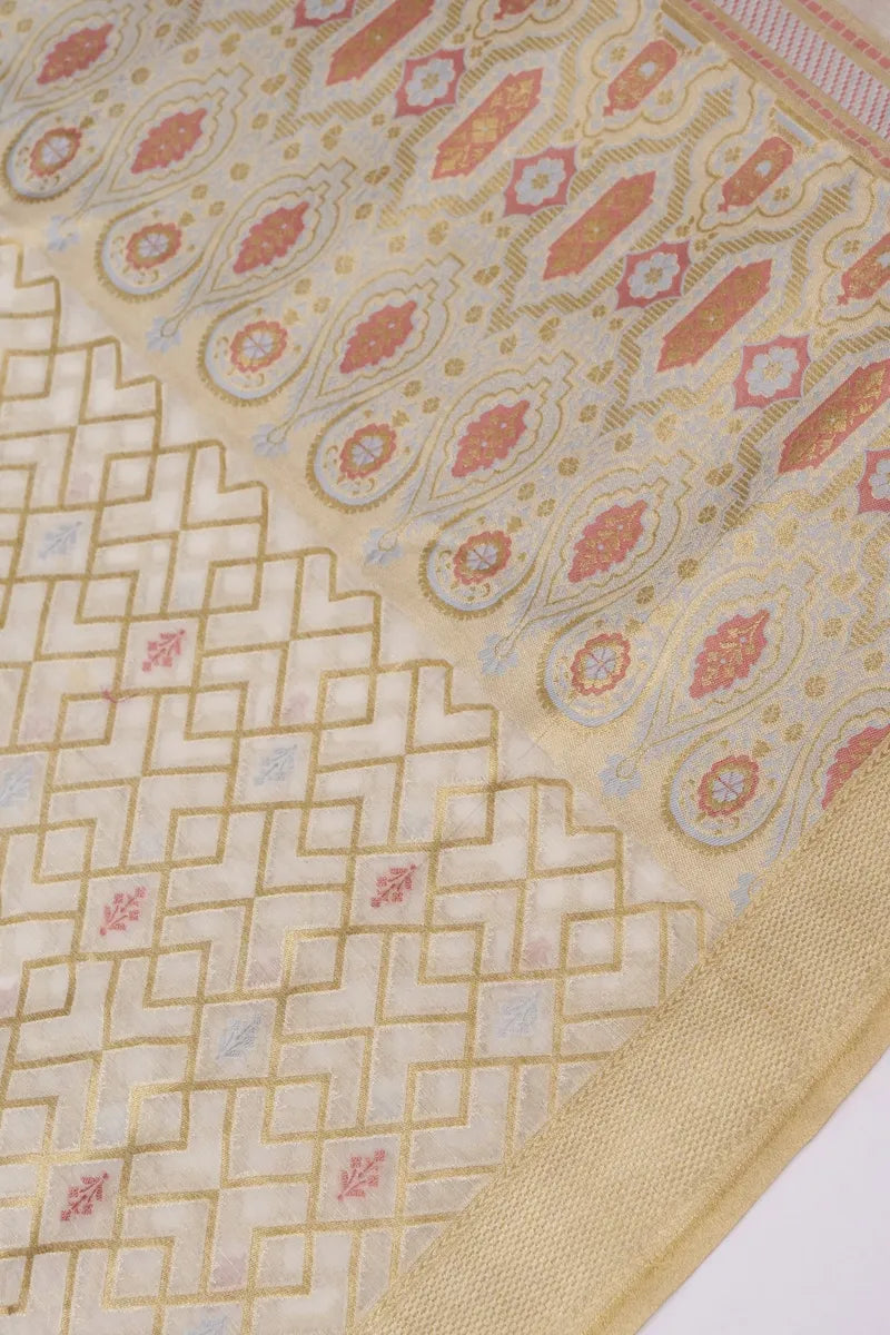 PURE BANARASI CHANDERI SILK OFF WHITE COLOR UNSTITCHED SUIT