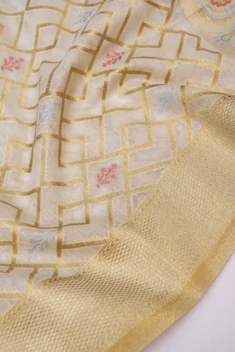 PURE BANARASI CHANDERI SILK OFF WHITE COLOR UNSTITCHED SUIT