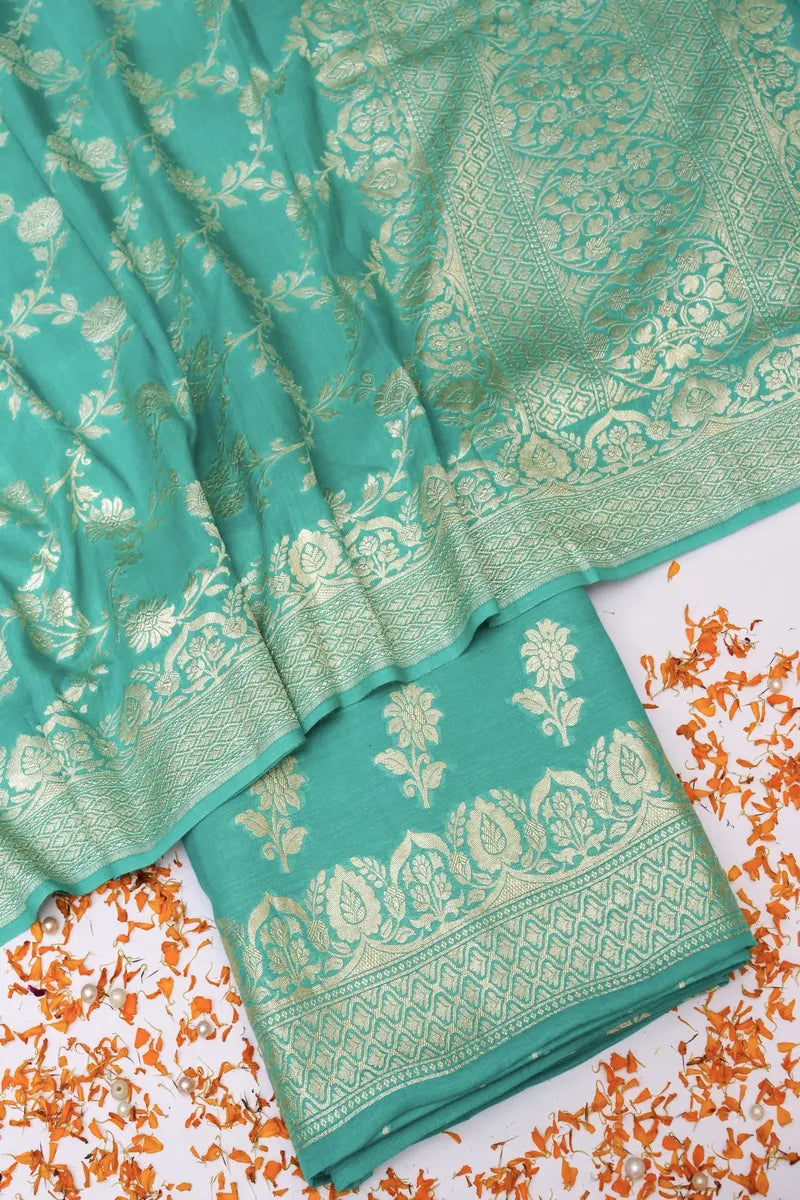 BANARASI MUNGA SILK SEA GREEN COLOR UNSTITCHED SUIT