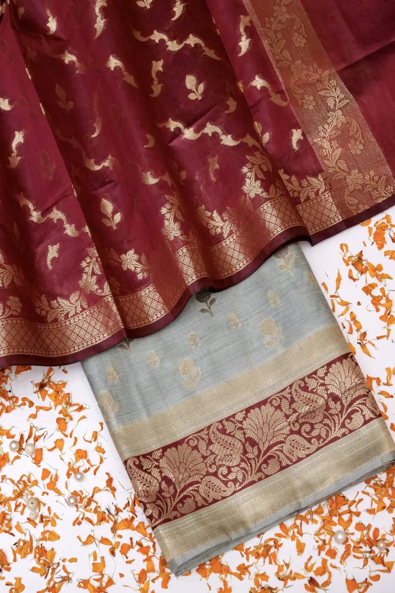 BANARASI COTTON SILK GREY COLOR UNSTITCHED SUIT