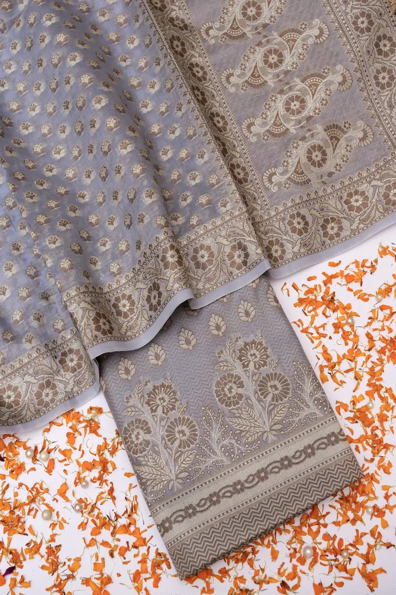 BANARASI COTTON SILK GREY COLOR UNSTITCHED SUIT