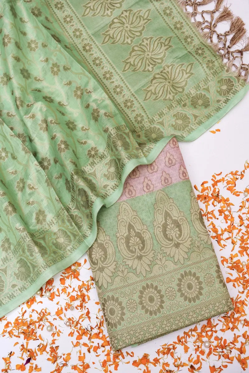 BANARASI COTTON SILK MINT GREEN COLOR UNSTITCHED SUIT