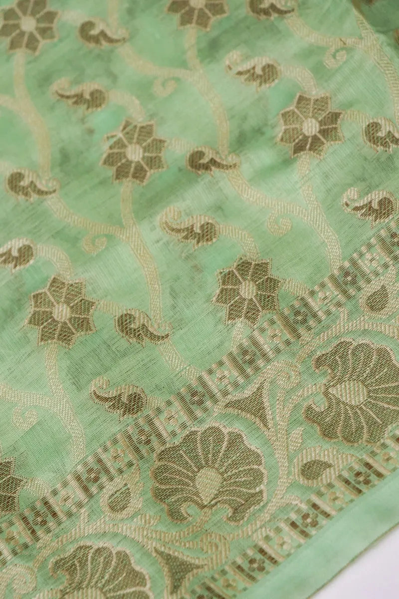 BANARASI COTTON SILK MINT GREEN COLOR UNSTITCHED SUIT