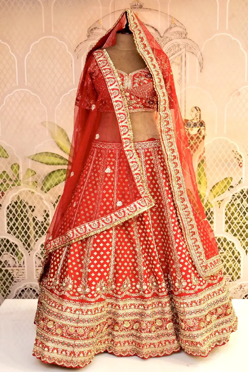 RAW SILK BRIDAL RED COLOR LEHENGA WITH HEAVY CAN-CAN FLARE AND ZARDOSI WORK