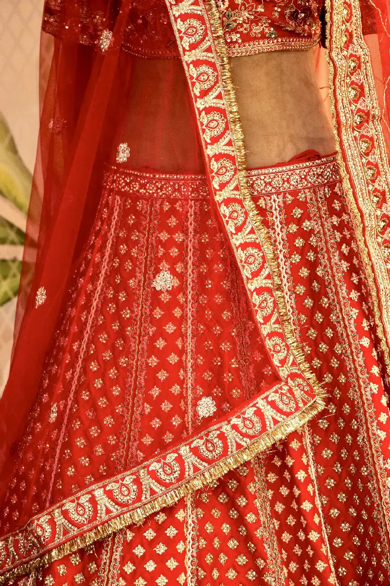 RAW SILK BRIDAL RED COLOR LEHENGA WITH HEAVY CAN-CAN FLARE AND ZARDOSI WORK