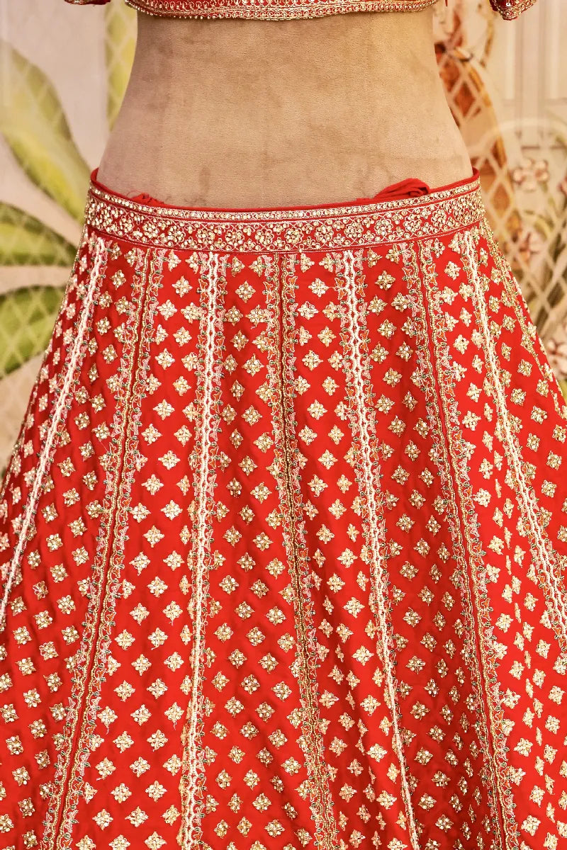 RAW SILK BRIDAL RED COLOR LEHENGA WITH HEAVY CAN-CAN FLARE AND ZARDOSI WORK