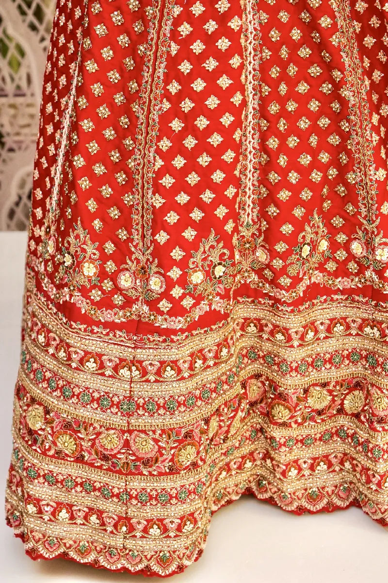RAW SILK BRIDAL RED COLOR LEHENGA WITH HEAVY CAN-CAN FLARE AND ZARDOSI WORK