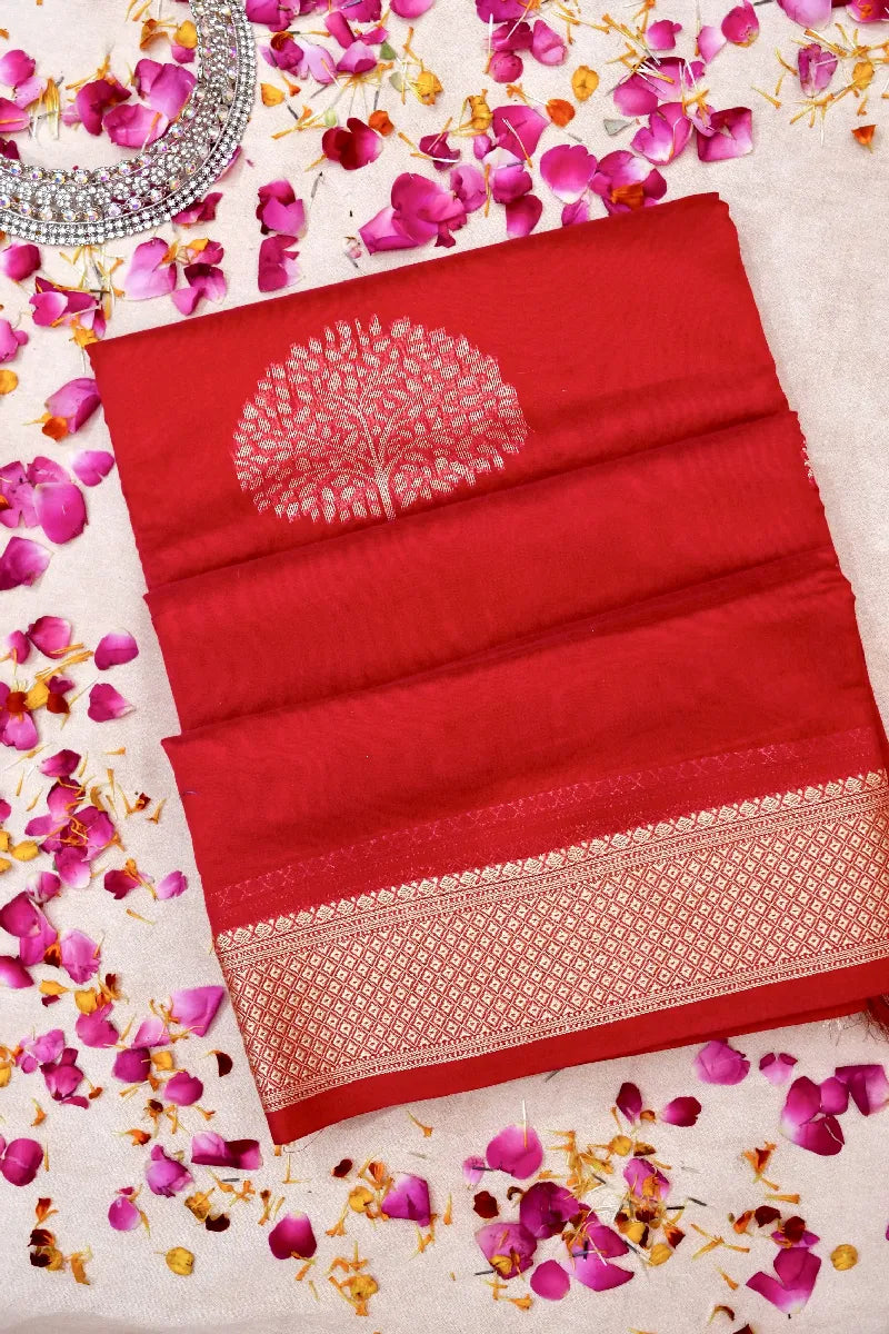BANARASI BLOOD RED COLOR SIKO COTTON SAREE