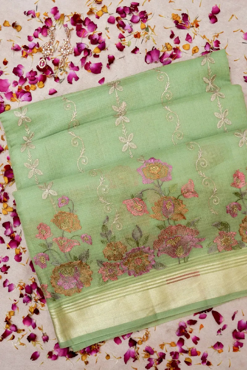 BANARASI PARROT GREEN COLOR SIKO COTTON SAREE