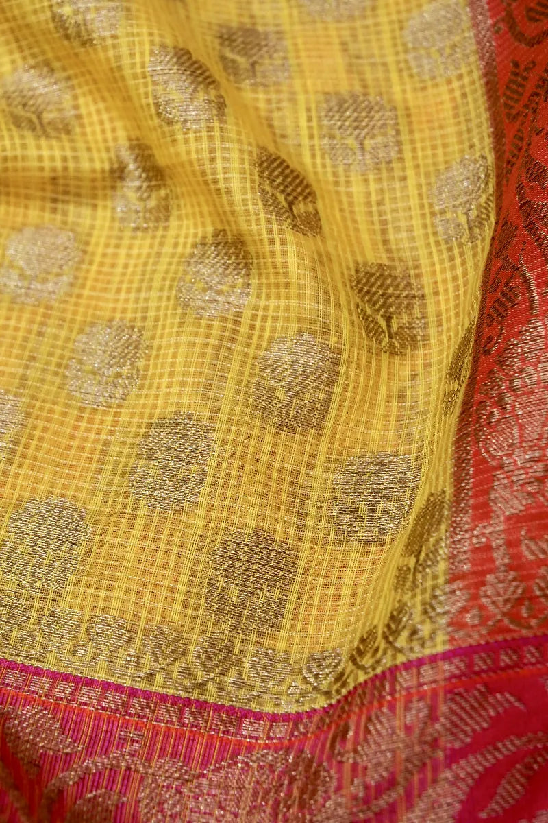 BANARASI LEMON YELLOW COLOR SUPERNET COTTON SAREE