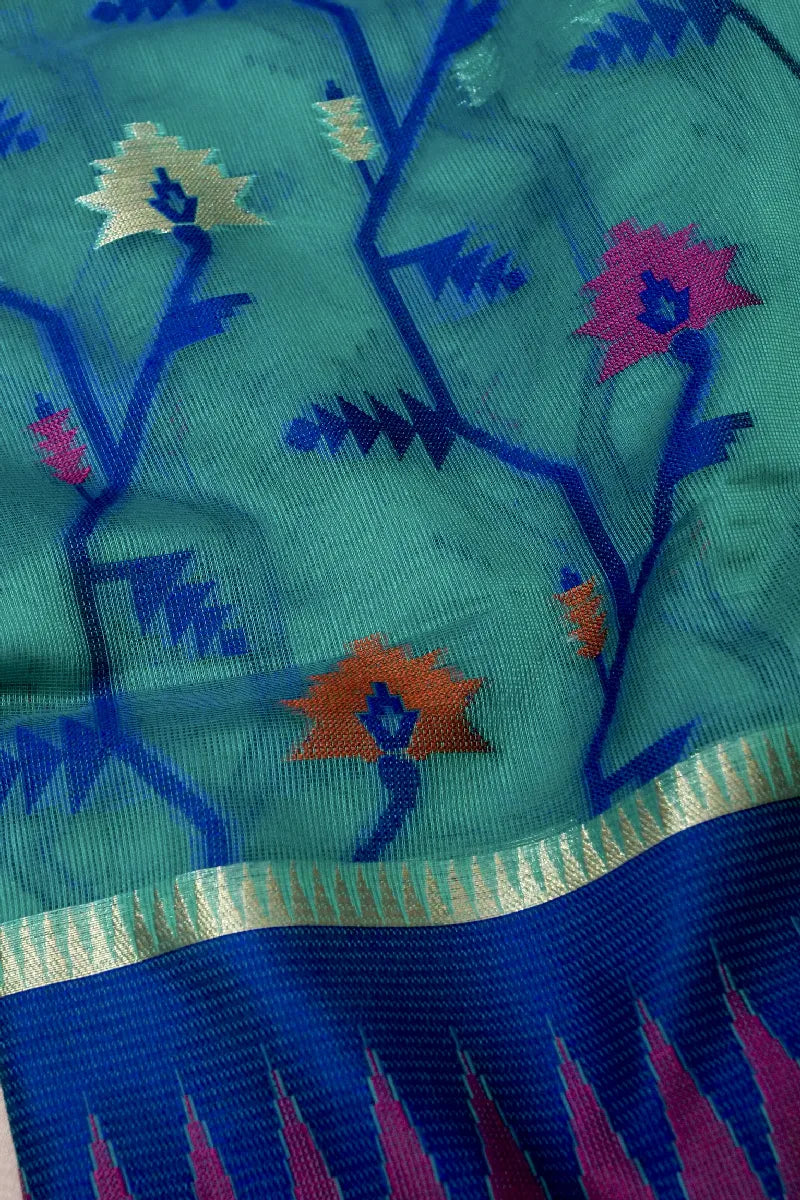 BANARASI SEA GREEN COLOR SUPERNET COTTON SAREE