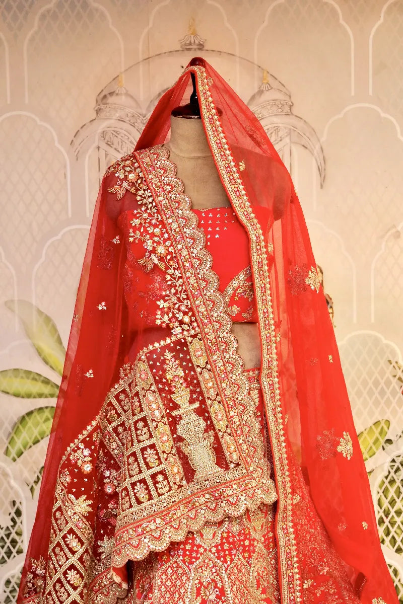RAW SILK RAJWADI RED COLOR LEHENGA