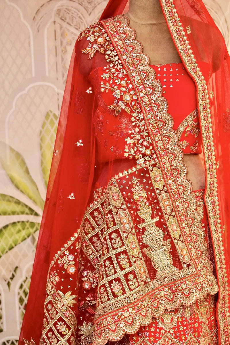 RAW SILK RAJWADI RED COLOR LEHENGA