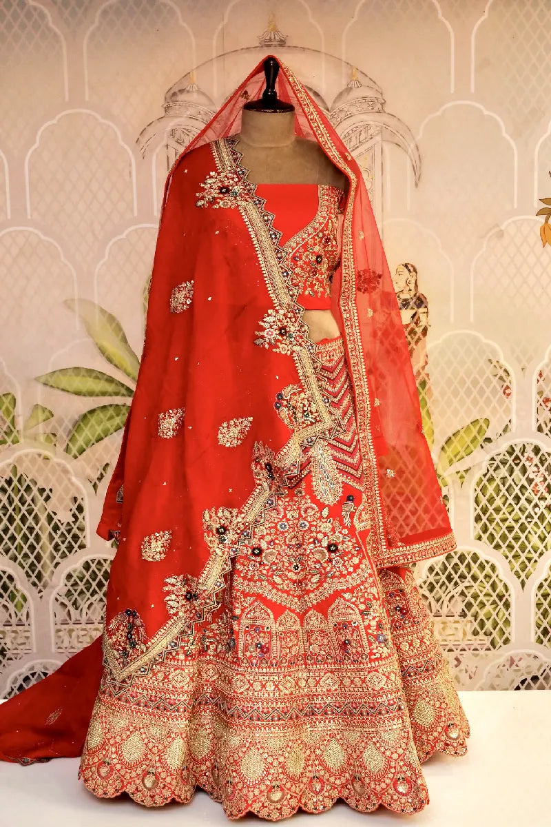 DESIGNER BRIDAL LEHENGA WITH HANDCRAFTED DETAILING RAW SILK RED COLOR