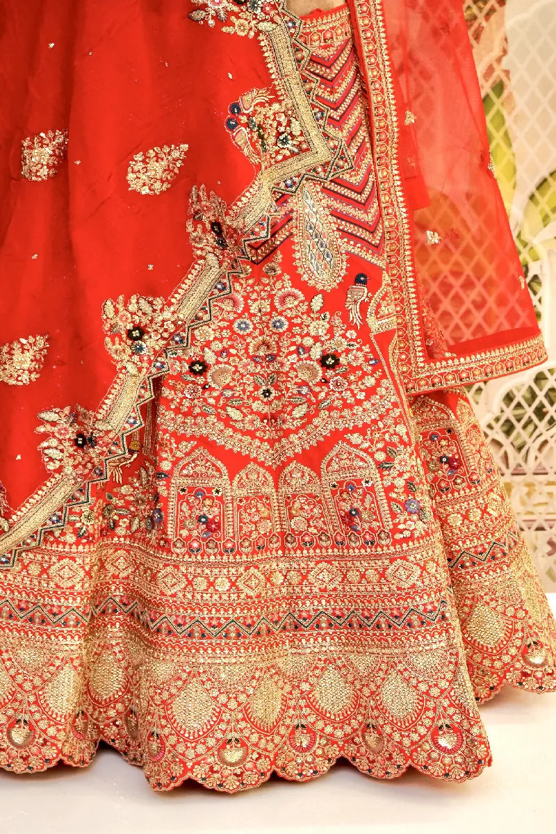 DESIGNER BRIDAL LEHENGA WITH HANDCRAFTED DETAILING RAW SILK RED COLOR