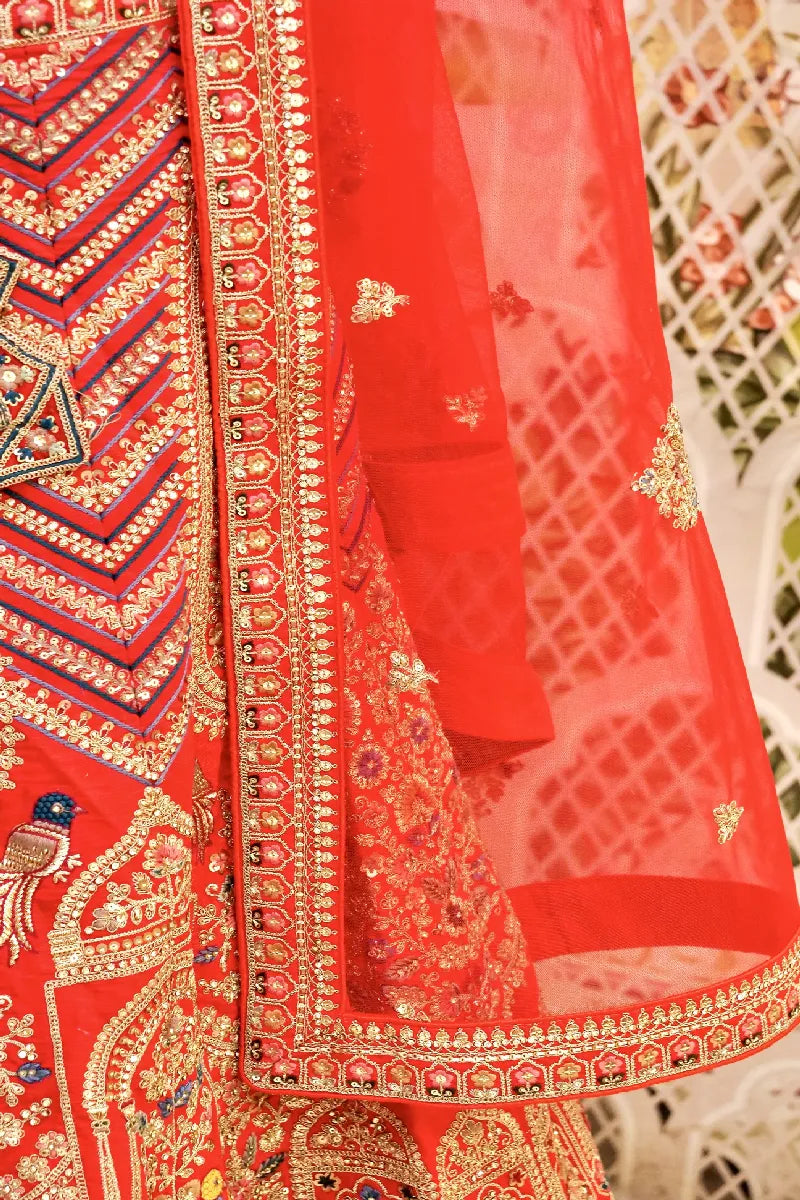 DESIGNER BRIDAL LEHENGA WITH HANDCRAFTED DETAILING RAW SILK RED COLOR