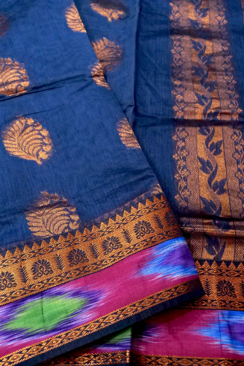 BANARASI NAVY BLUE COLOR SIKO COTTON SAREE