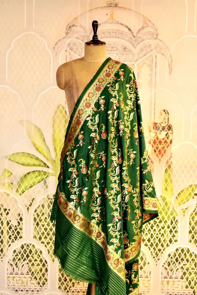 PURE HANDLOOM GREEN COLOR BANARASI KATAN SILK DUPATTA