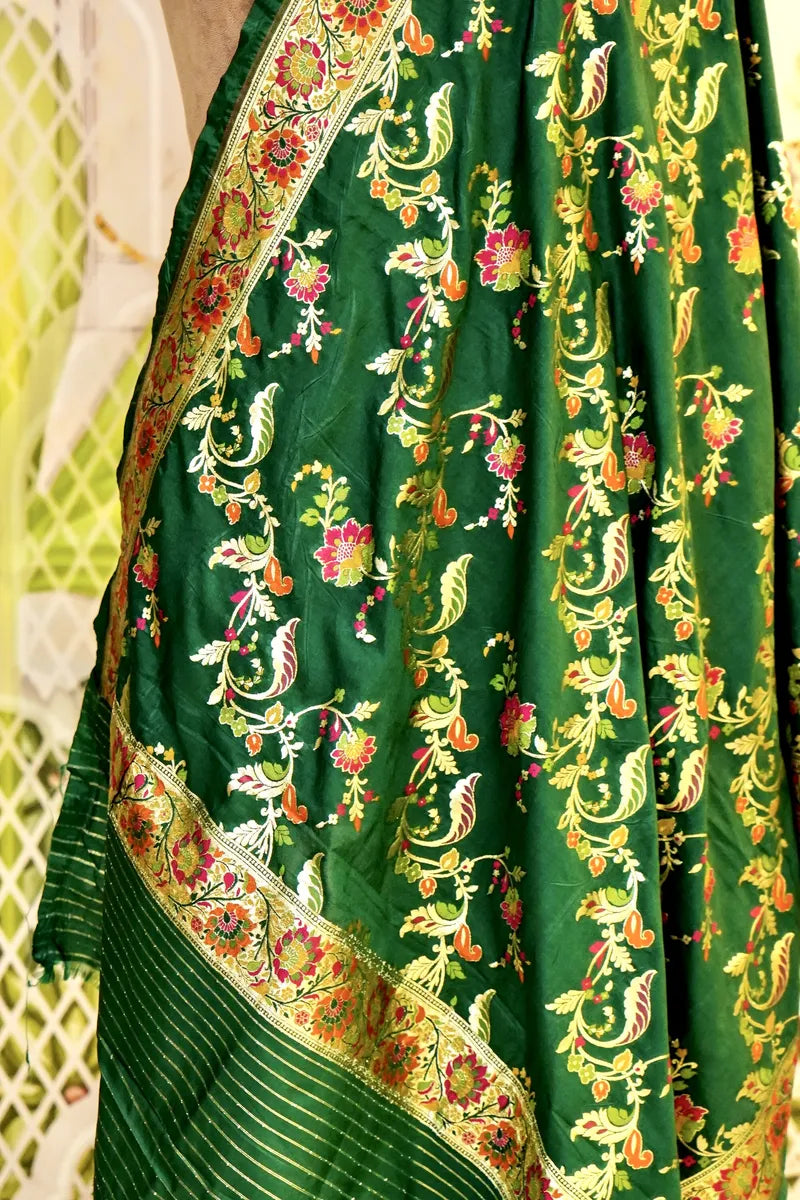 PURE HANDLOOM GREEN COLOR BANARASI KATAN SILK DUPATTA