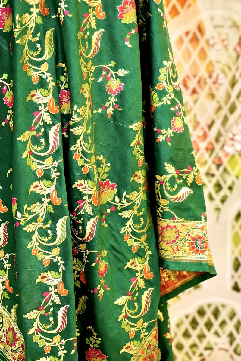 PURE HANDLOOM GREEN COLOR BANARASI KATAN SILK DUPATTA