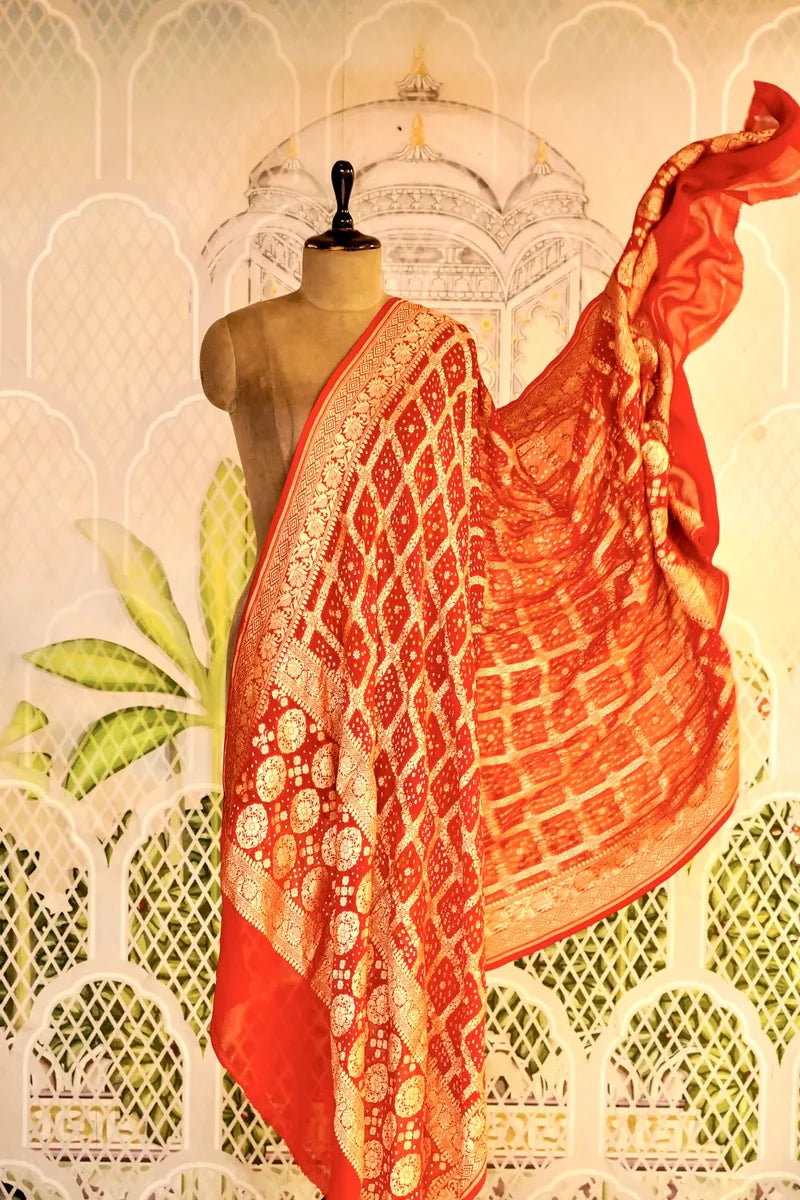 PURE HANDLOOM RED COLOR KHADDI BANDHANI DUPATTA