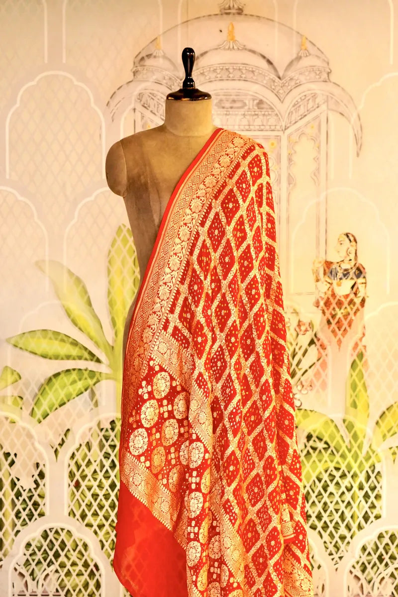 PURE HANDLOOM RED COLOR KHADDI BANDHANI DUPATTA