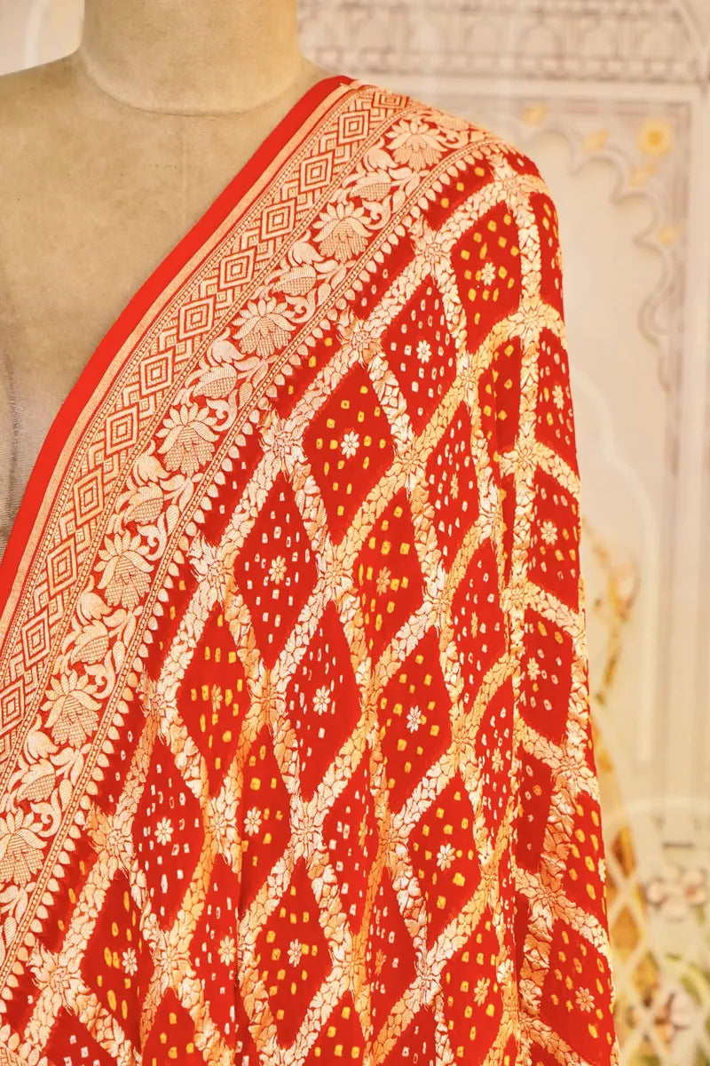 PURE HANDLOOM RED COLOR KHADDI BANDHANI DUPATTA