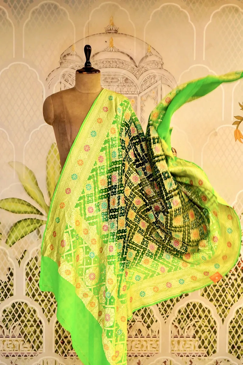 PURE HANDLOOM BOTTLE GREEN COLOR KHADDI BANDHANI DUPATTA