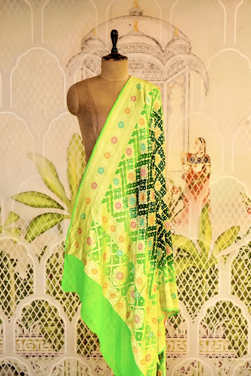 PURE HANDLOOM BOTTLE GREEN COLOR KHADDI BANDHANI DUPATTA