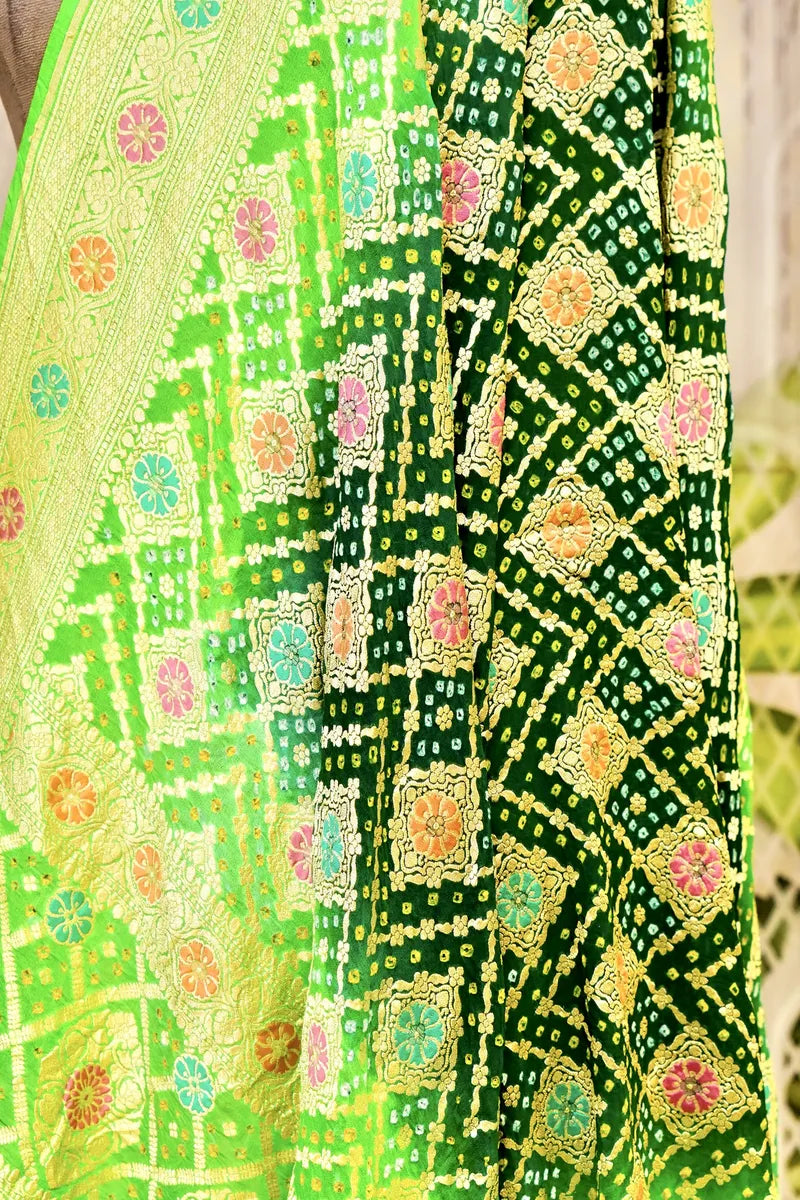 PURE HANDLOOM BOTTLE GREEN COLOR KHADDI BANDHANI DUPATTA