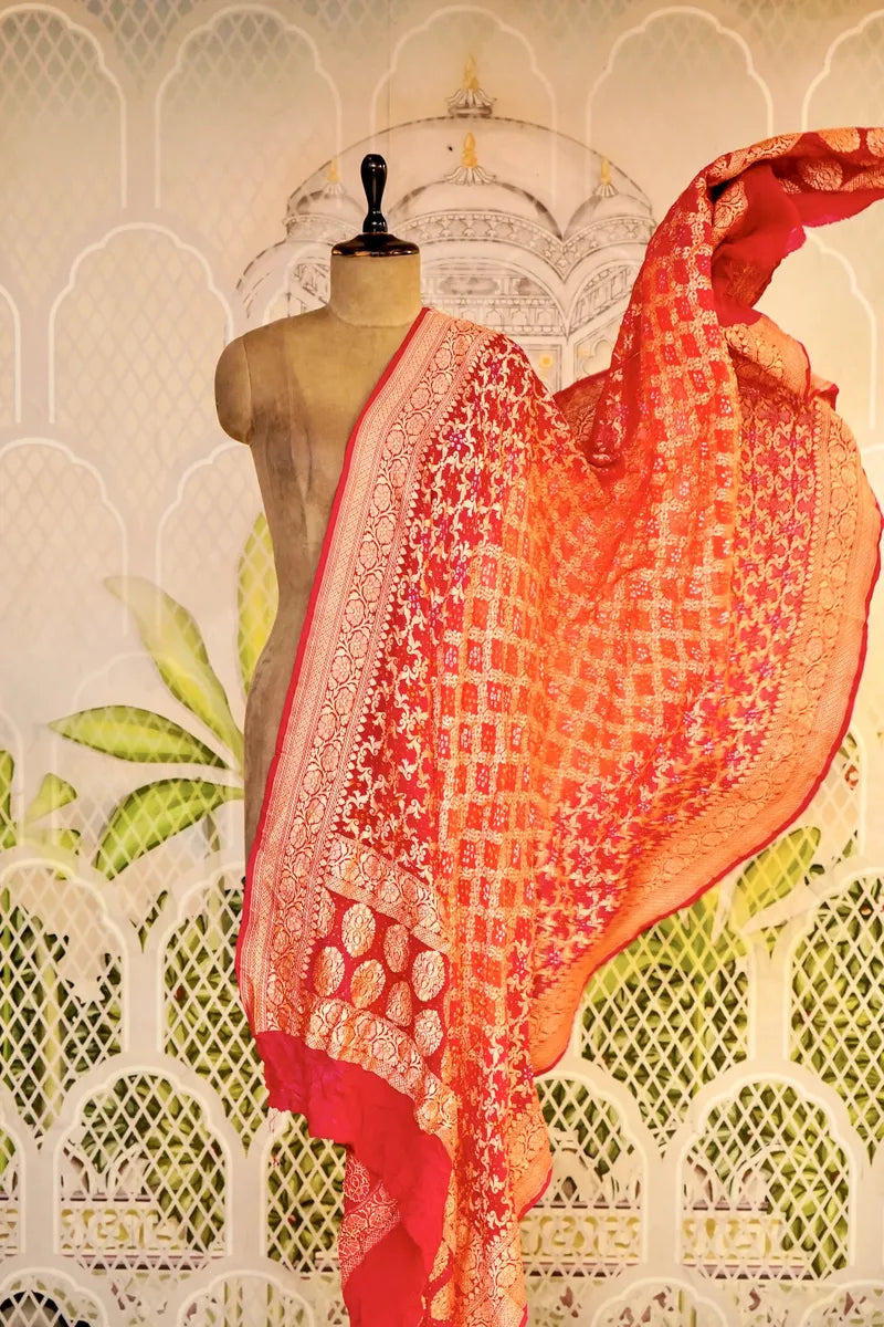PURE HANDLOOM GAJARI COLOR KHADDI BANDHANI DUPATTA