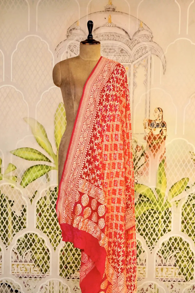 PURE HANDLOOM GAJARI COLOR KHADDI BANDHANI DUPATTA