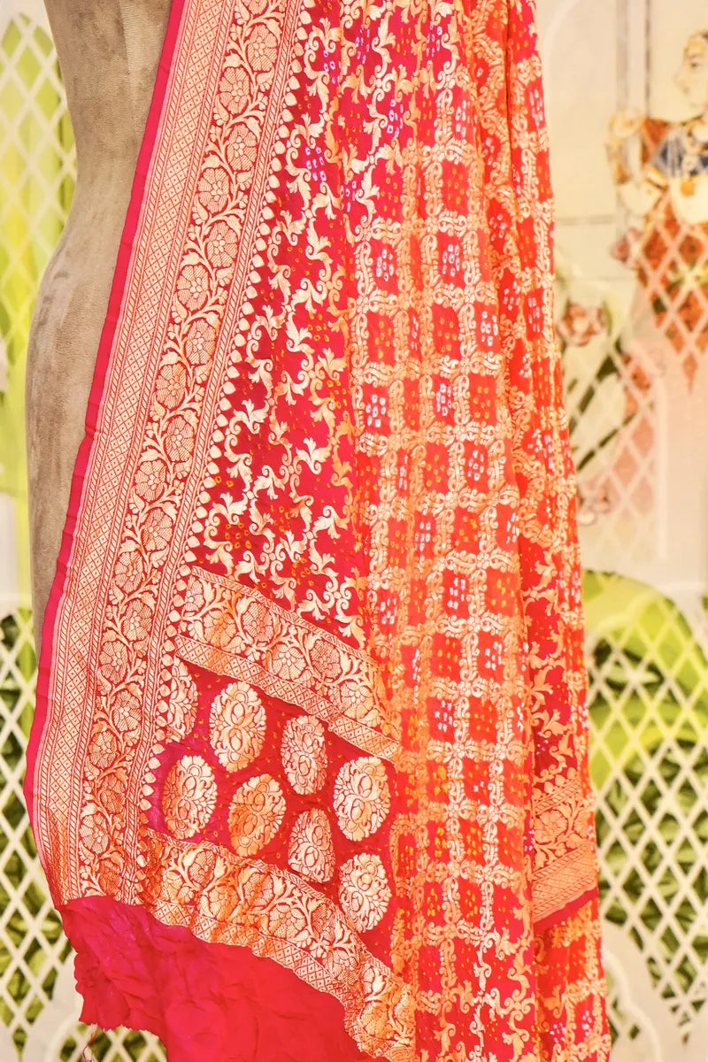 PURE HANDLOOM GAJARI COLOR KHADDI BANDHANI DUPATTA