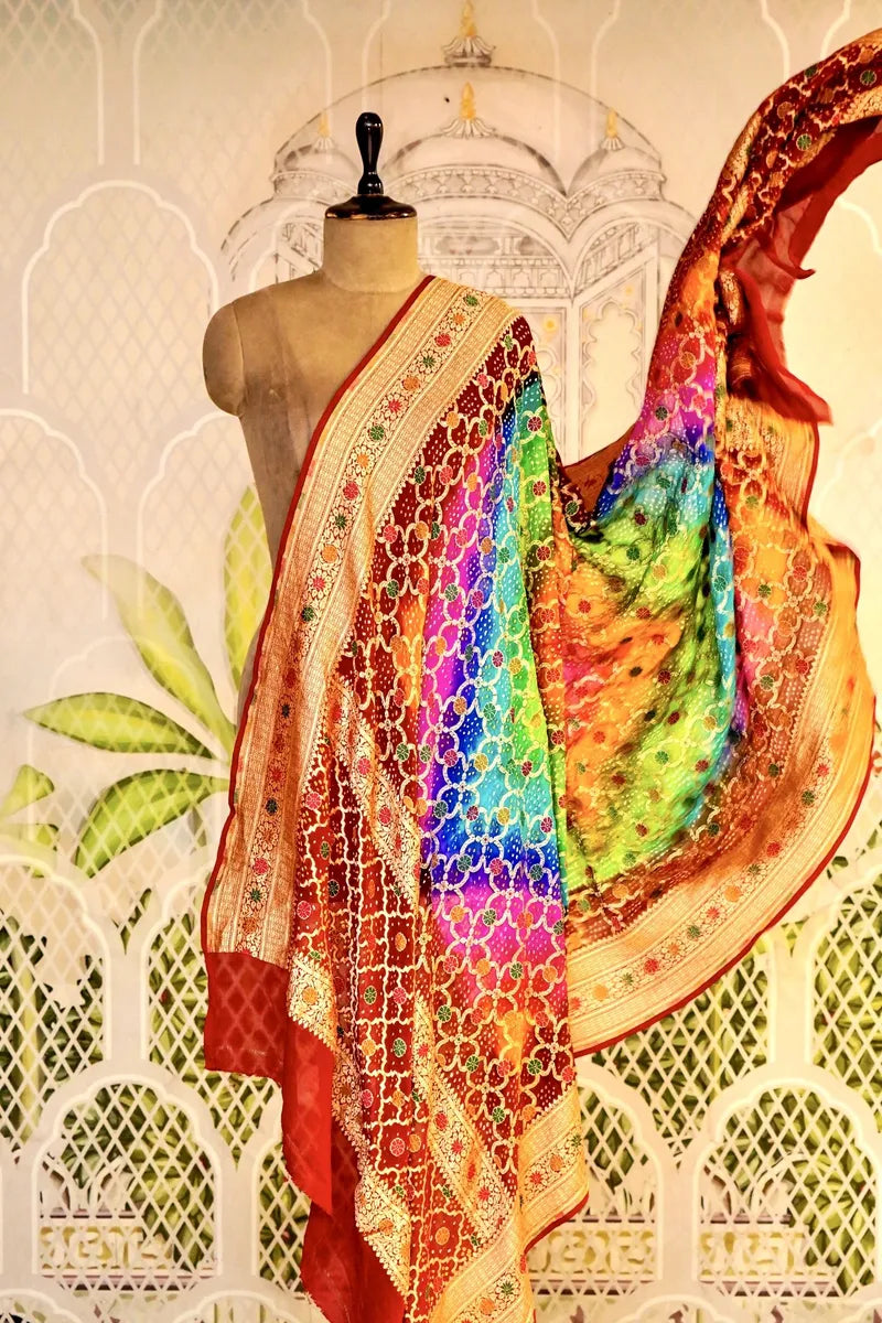 PURE HANDLOOM MULTICOLOR KHADDI BANDHANI DUPATTA