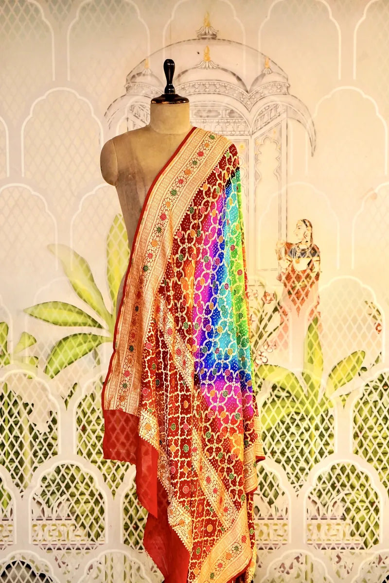 PURE HANDLOOM MULTICOLOR KHADDI BANDHANI DUPATTA