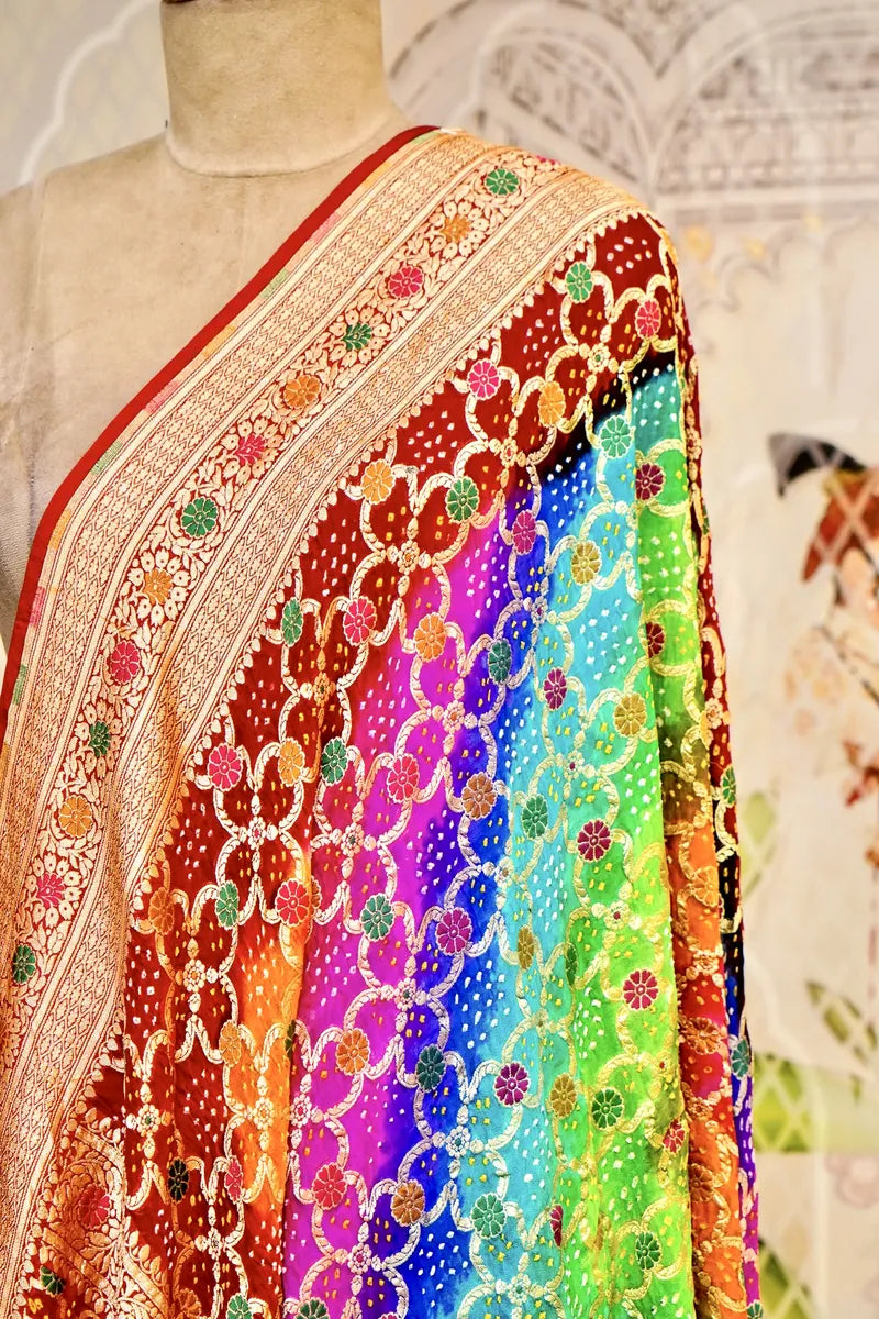 PURE HANDLOOM MULTICOLOR KHADDI BANDHANI DUPATTA